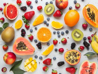 Colorful Abundance: A Variety of Ripe Fruits and Berries on a Light Gray Background