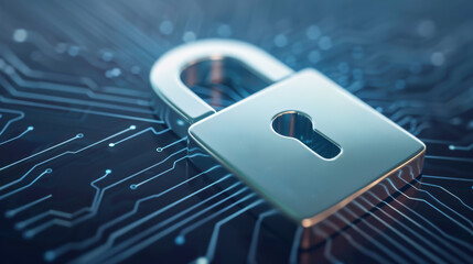Aufkleber - Close-up of a metallic padlock on a digital circuit board, symbolizing cybersecurity and data protection in technology-driven environments.