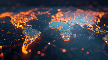 Poster - Futuristic digital world map with glowing orange lights representing data points and connectivity, depicting advanced global network technology.