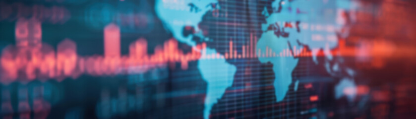 Poster - Digital map of the world with red and blue data charts overlay, representing global data analytics and technology trends.