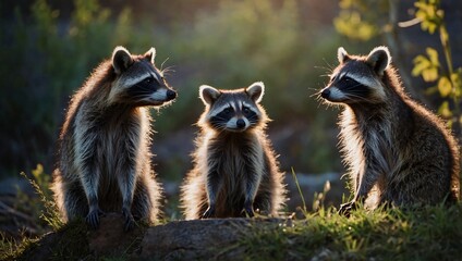 Wall Mural - Group of Three Curious Raccoon