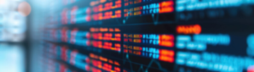 Poster - Blurred view of stock market data on an electronic screen, showcasing various financial figures and market trends in vibrant colors.