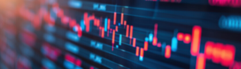 Poster - Dynamic stock market chart showing financial data trends, fluctuations, and analysis, represented with vibrant red and blue bars and lines.