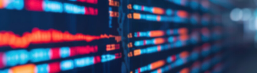 Poster - Close-up of colorful stock market data on a screen, showcasing digital financial trends and analytics in a modern finance setting.