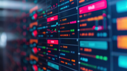 Poster - Blurred view of multiple financial charts and data on screens, representing modern technology and finance industry analytics.