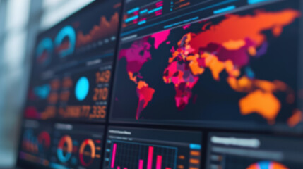 Poster - Global data analysis concepts on digital screens showing colorful world maps and various statistics in a business or technology environment.