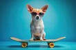 © Caitlin - Cool Chihuahua dog wearing trendy sunglasses rides a skateboard with confidence on a bright blue background, showcasing its fun and adventurous personality.