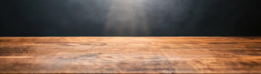Poster - Empty rustic wooden table with sunlight illumination against dark background. Perfect for product display, food presentation, kitchen decoration.