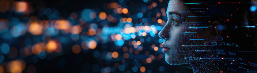 Poster - Conceptual digital art showcasing a human profile intertwined with futuristic technology elements, glowing lights representing data flow and innovation.
