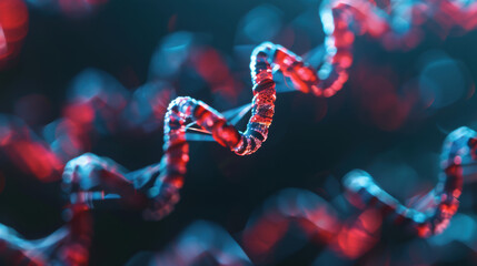 Poster - Close-up abstract image of a glowing DNA strand with vivid red and blue lighting, showcasing the intricate helical structure in a blurred background.