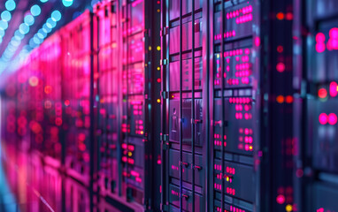 Poster - A brightly lit data center corridor with rows of server racks and glowing LED lights, providing a high-tech and futuristic ambiance.