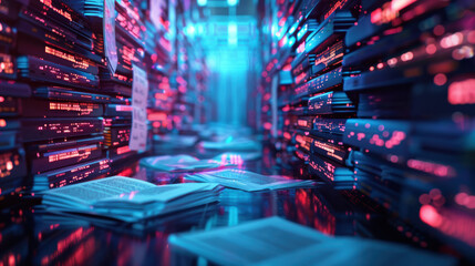Poster - Futuristic digital library with neon lights, scattered open books and documents, creating a high-tech atmosphere representing data storage and cyber information.