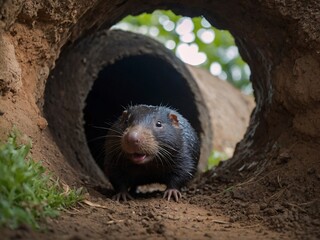 Poster - Happy Mole Exiting Its Underground Tunnel