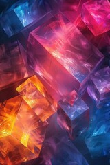 Poster - Abstract  geometric shapes with vibrant colors of orange, blue, and pink glowing against a dark background, creating a futuristic and dynamic visual.