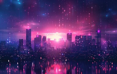 Poster - futuristic cityscape with glowing lights and digital rain at twilight, reflecting vibrant colors in 