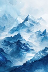 Poster - A breathtaking view of snow-capped mountains and misty valleys in shades of blue, creating a serene and majestic winter landscape.