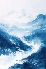 Poster - Serene winter landscape with snow-covered mountains and a winding river, captured in a monochromatic blue palette, evoking tranquility and calm.