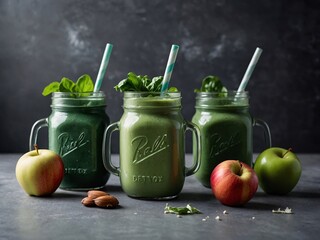 Wall Mural - Healthy vegan detox smoothies spinach, kale, apple yogurt in mason jars with retro tubes and ingredients on gray