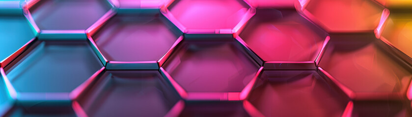 Poster - Vibrant hexagonal pattern with a glossy finish, showcasing a stunning combination of pink, blue, and yellow hues under dynamic lighting.