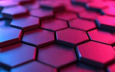 Poster - Abstract   of hexagonal shapes with vibrant pink and blue lighting, showcasing modern, futuristic, and geometric design elements.