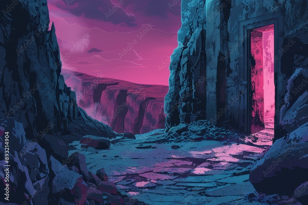 Mysterious portal in a dark rocky landscape with a stormy sky Stock ...