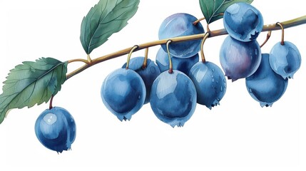 Poster - Delicate blue blueberries on a branch, captured in realistic watercolor, showcasing their vibrant hues against a clean white backdrop.