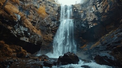 Wall Mural - Majestic Waterfall Cascading Down Rocky Cliffs