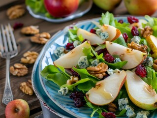 Wall Mural - Nutrient-packed Delight: Fresh Pears and Blue Cheese Salad with Greens, Walnuts, and Cranberry