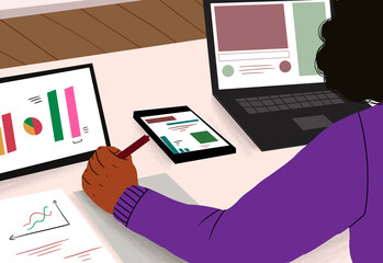Woman analyzing data with charts and graphs in office