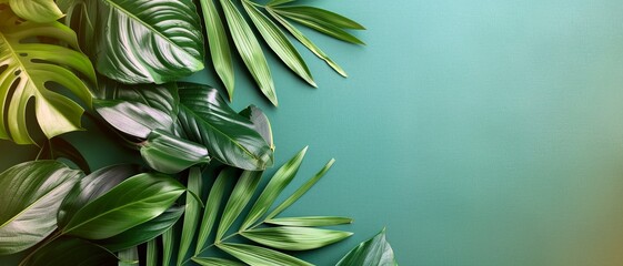 Wall Mural - lush tropical foliage border on a teal background - perfect for summer, vacation, and nature themed 