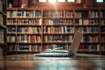 Poster - Books and laptop in a library. Teacher's day. Education concept, e-learning.