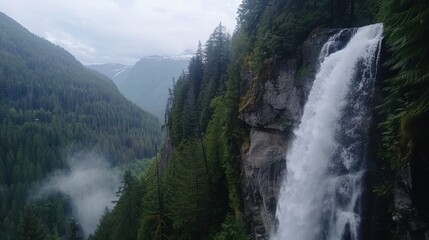 Canvas Print - Majestic Waterfall in a Lush Mountain Valley