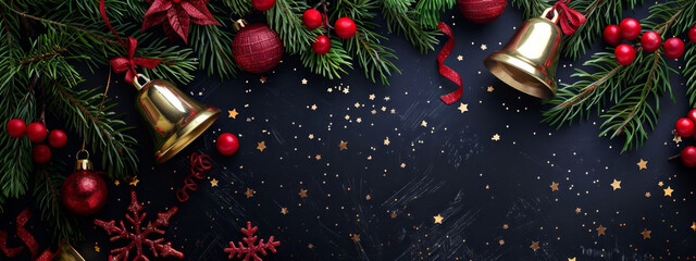 Wall Mural - christmas holiday decoration with bells on a dark background.