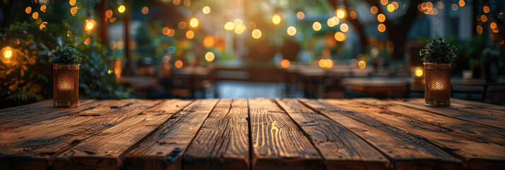 Empty of wooden table top with lights bokeh on blur background.