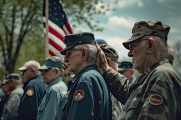 Group of veterans of different generations gathered around a flagpole, saluting the flag. Memorial day 