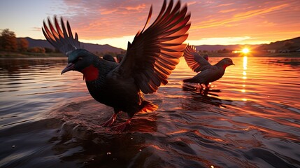 Wall Mural - a close-up image of birds in flight at dawn, silhouetted against the vibrant colors of a sunrise, creating a striking contrast with the still dark landscape below, Silhouette,  