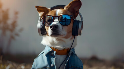 Wall Mural - Dog wearing sunglasses and headphones