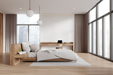 Wall Mural - Light hotel bedroom interior with sleep and work zone, panoramic window