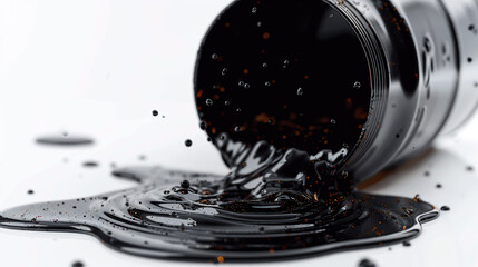 Black barrel of oil pouring out on a white background