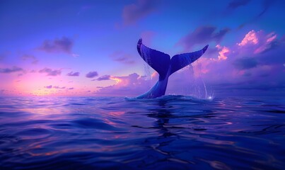 The sky is blue, the colorful sea at dark twilight and the huge whale tail, Generative AI