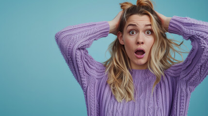 Wall Mural - A young blonde woman in a purple sweater with a shocked expression holding her head isolated on a blue background