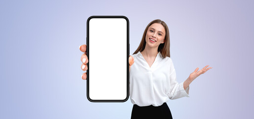 Poster - Woman holding a phone with a blank screen, presenting a display