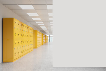 School hallway with yellow lockers in row, back to school concept. Mockup wall