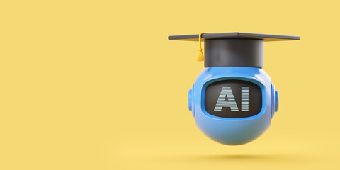 Poster - AI robot in graduation cap, education concept. Empty colored background