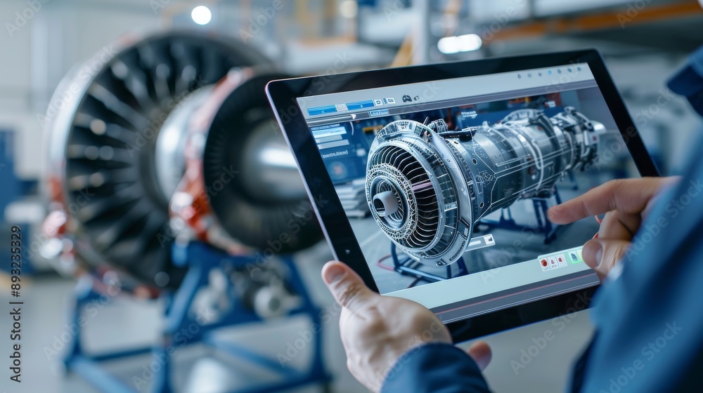 Two engineers use a digital tablet with software that shows a 3D model ...