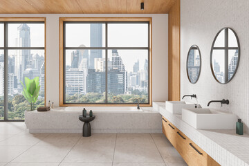 Wall Mural - Elegant hotel bathroom interior with double sink and bathtub, panoramic window