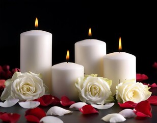 Wall Mural - Candles with rose petals and rose petals on black background