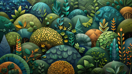 Colorful abstract nature illustration with lush foliage and rolling hills, perfect for decorative or artistic purposes.