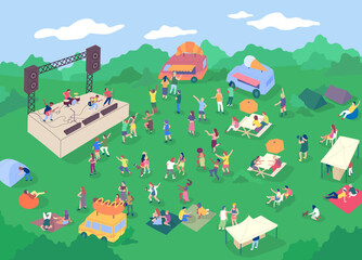 Wall Mural - Cartoon Color Music Festival or Open-air Concert Scene Live Performance Concept Flat Design Style. Vector illustration