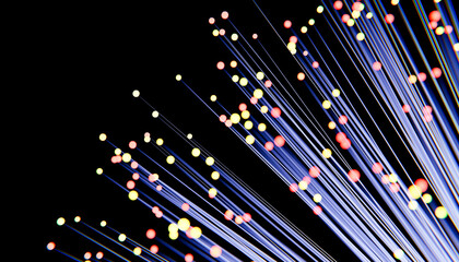 3D render of fiber optics and lights over black background